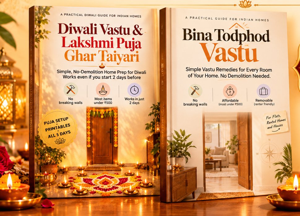 Diwali Vastu and Lakshmi Puja Ghar Taiyari and Bina Todphod Vastu ebooks side by side with diyas